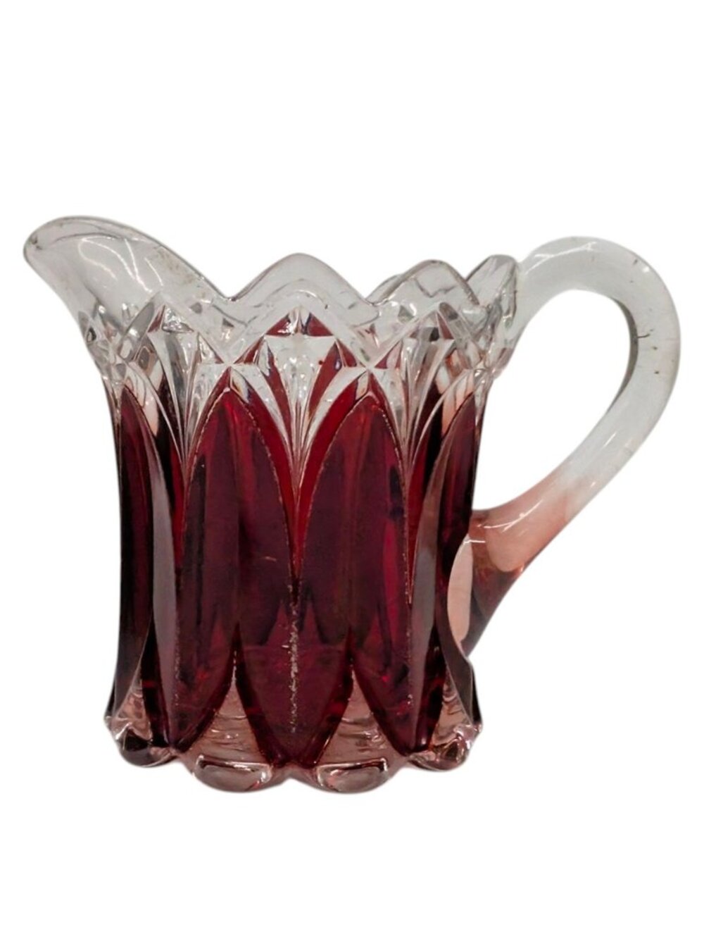 Vtg Ruby Stained Glass Pitcher Etched Victorian Style with Handle 4.5" x 4.5"